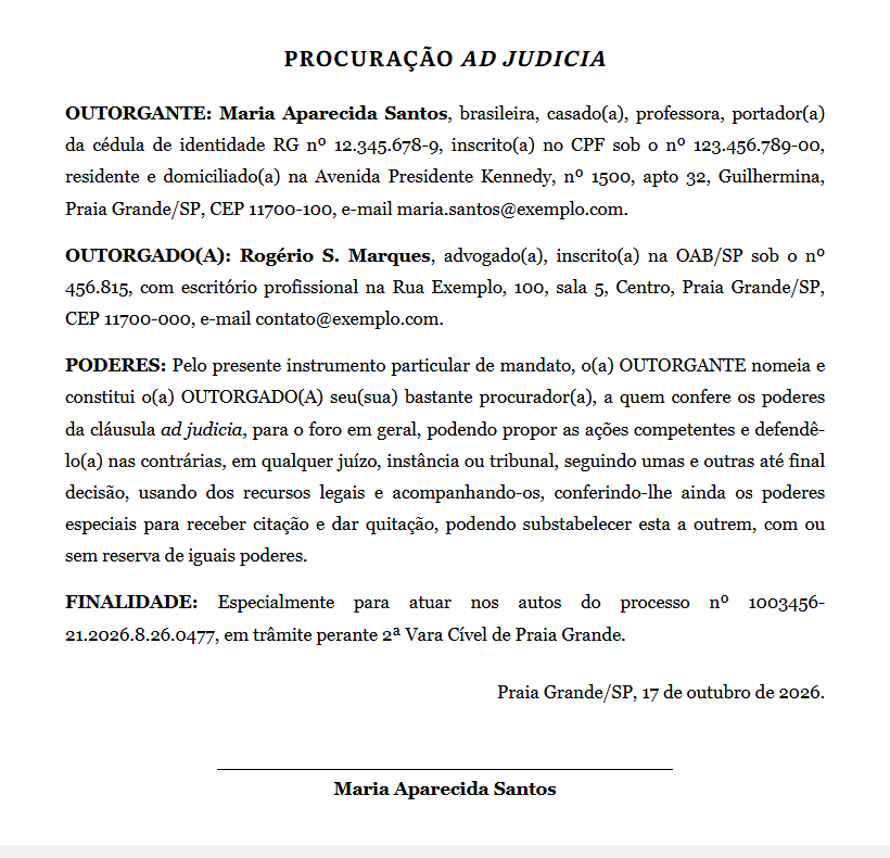 Procuração ad judicia preenchida com os dados do cliente e do advogado